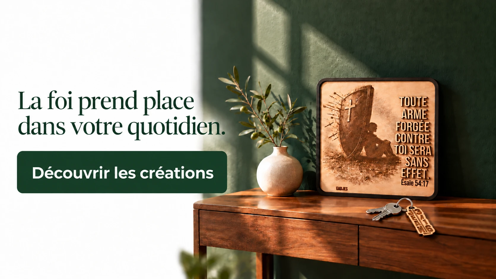 Découvrir les créations GADJES : tableau Ésaïe 54:17, vase et trousseau de clés sur une console.